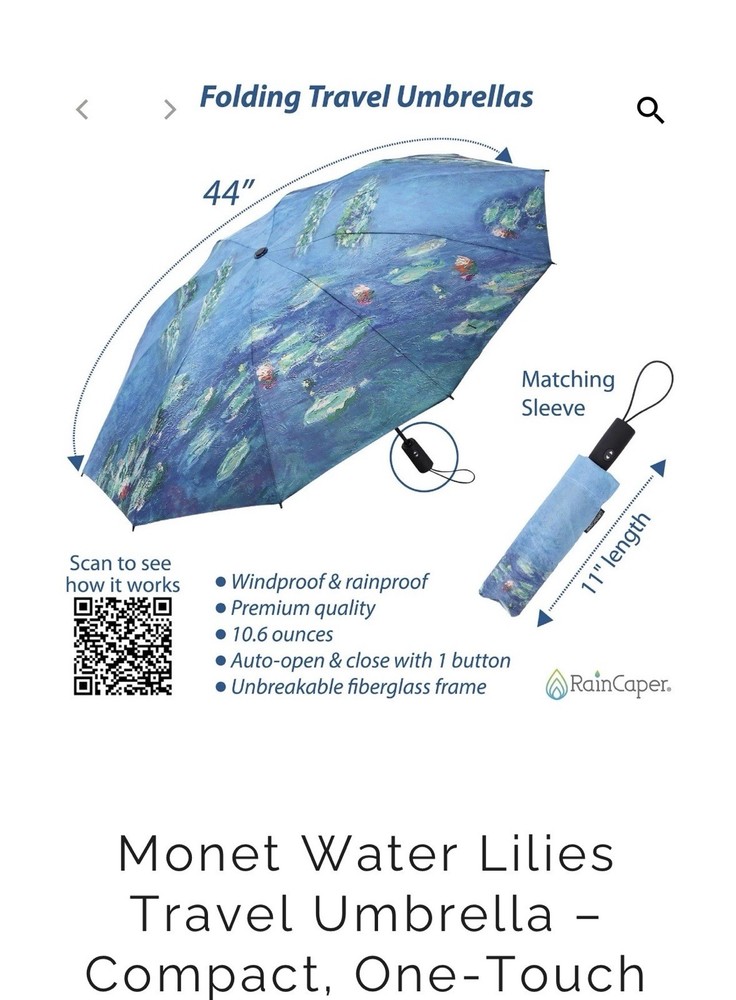 Monet Water Lilies Travel Umbrella – Compact, One-Touch Open & Close
