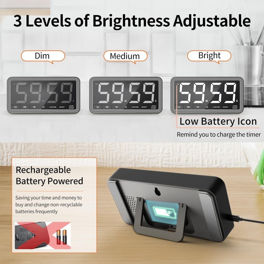 Extra Large Display Digital Timer with USB-C Charging for Kitchen & Classroom