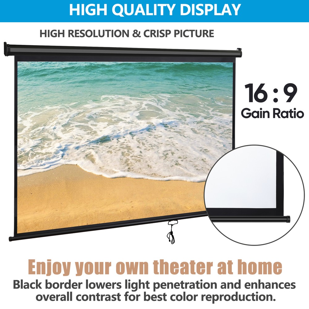 80 inch Projector Screen Pull Down Auto-Locking Retractable Indoor Movie Screen
