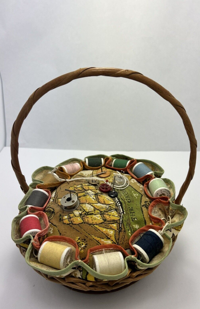 Vtg Sewing Small Basket With Handle Pin Cushion , thread, needles