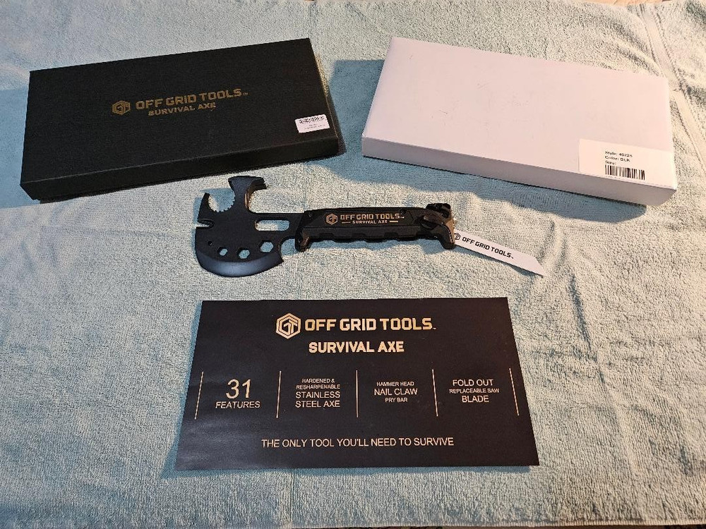 Off Grid Tools Black Survival Stainless Multi-Tool Axe w/ Saw Blade   Never Used