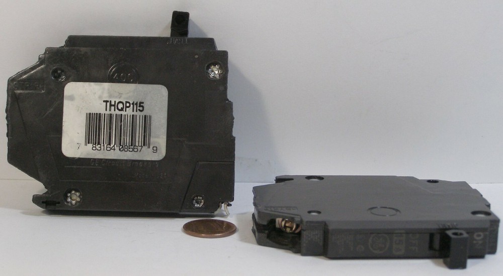 TWO GENERAL ELECTRIC TYPE THQP115 CIRCUIT BREAKERS   USED