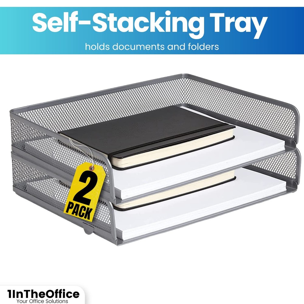 2-Pack Silver Wire Metal Mesh Letter Tray Stackable Side-Loading Organizer