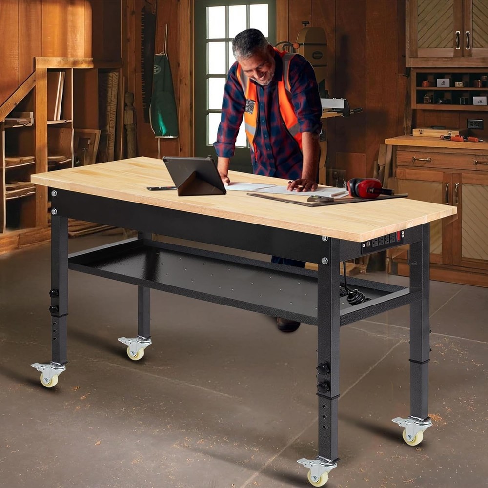 60'' Adjustable Workbench with Power Outlet, Wheels, Partition