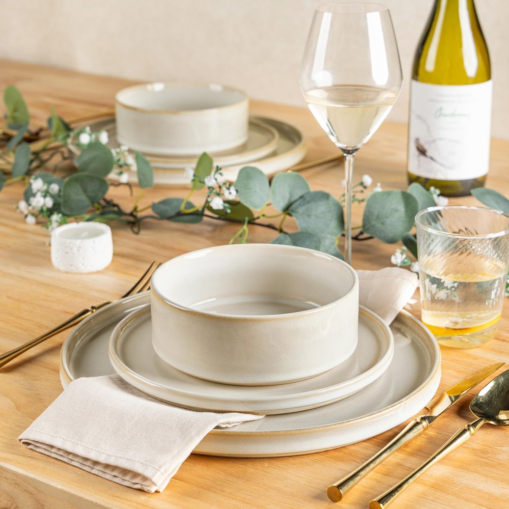 Ceramic Dinnerware Sets, Handmade Reactive Glaze Vanilla White Service for 4
