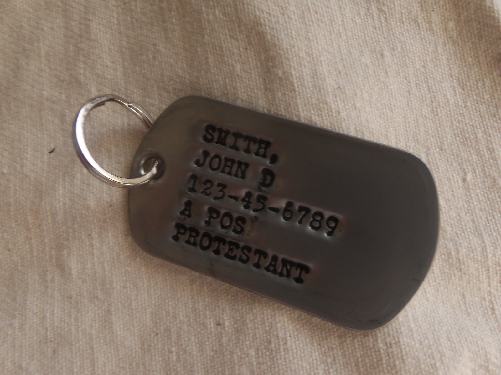 Real Standard Debossed Military Issue GI Dog Tag Dogtag Keyring Made Just For U