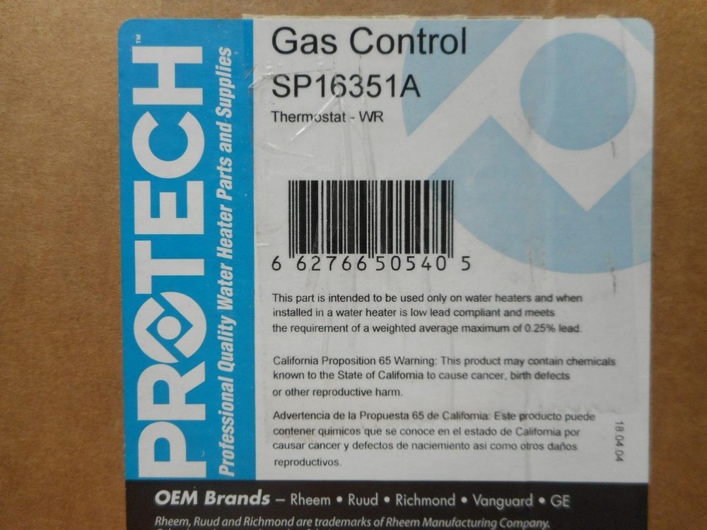 New in Box PROTECH Gas Control Thermostat WR for Rheem Ruud Vanguard GE Richmond
