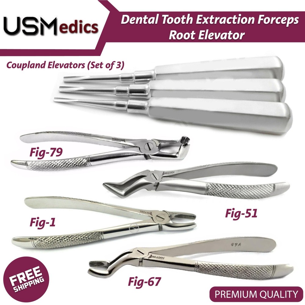 Dental Tooth Extraction Forceps Upper Lower Molars & Surgical Root Elevators