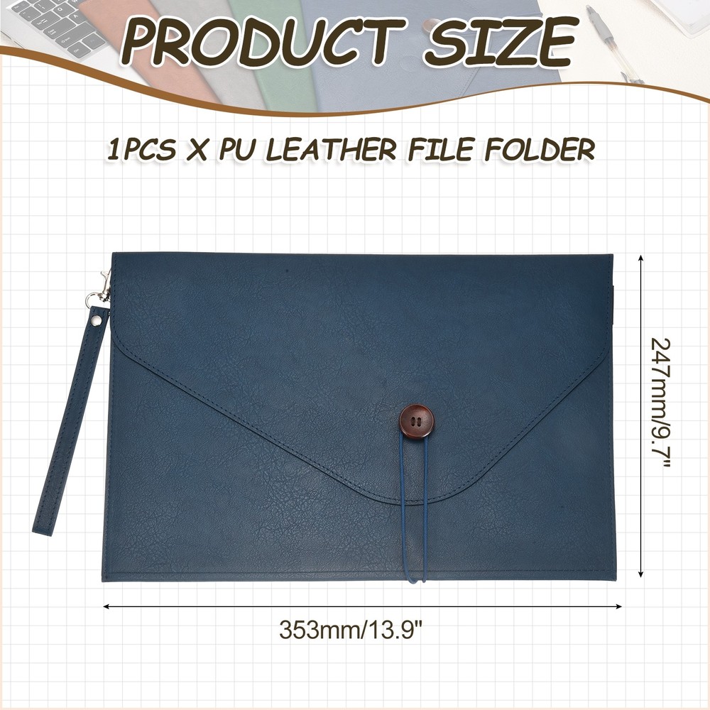 PU Leather A4 File Folder, Waterproof Envelope Holder with Handle, Blue