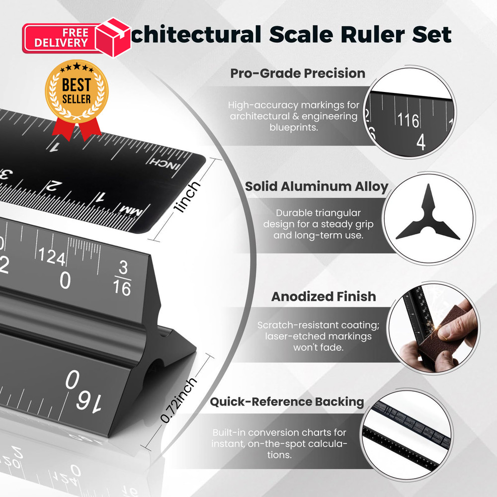 Rena Chris 2Pcs Architectural Scale Ruler, Triangular & Straight Black