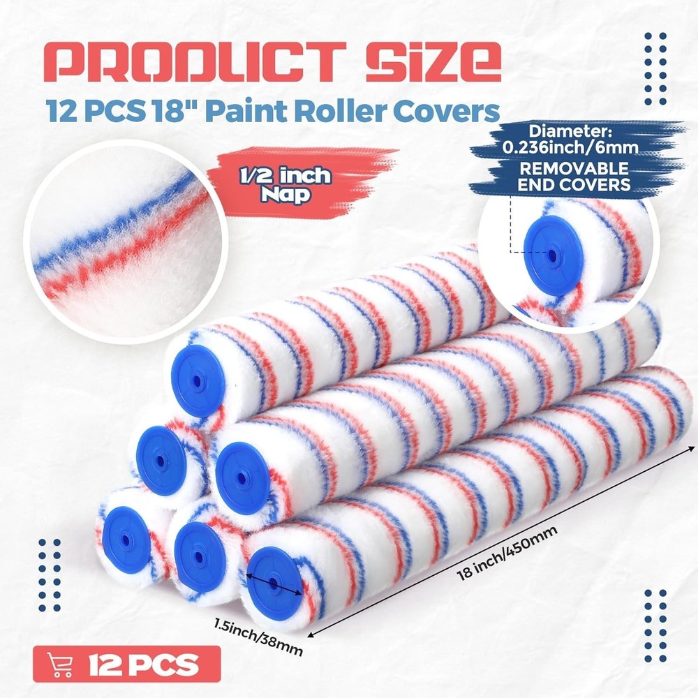 12 Pcs Paint Roller Covers Bulk Microfiber Refill Roller 18 Inch 1/2 Nap