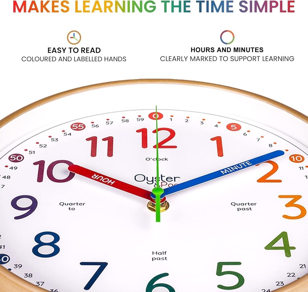 Oyster&Pop Kids Learning Wall Clock - Silent 10 Inch Analog Teaching Clock