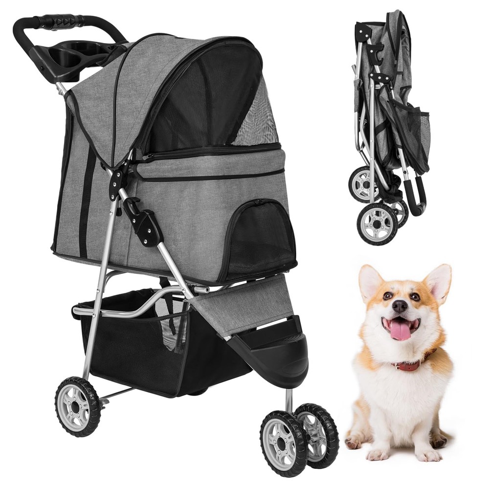 3 Wheels Pet Stroller Folding Dog Cat Jogger Stroller with Storage Basket &Cu...