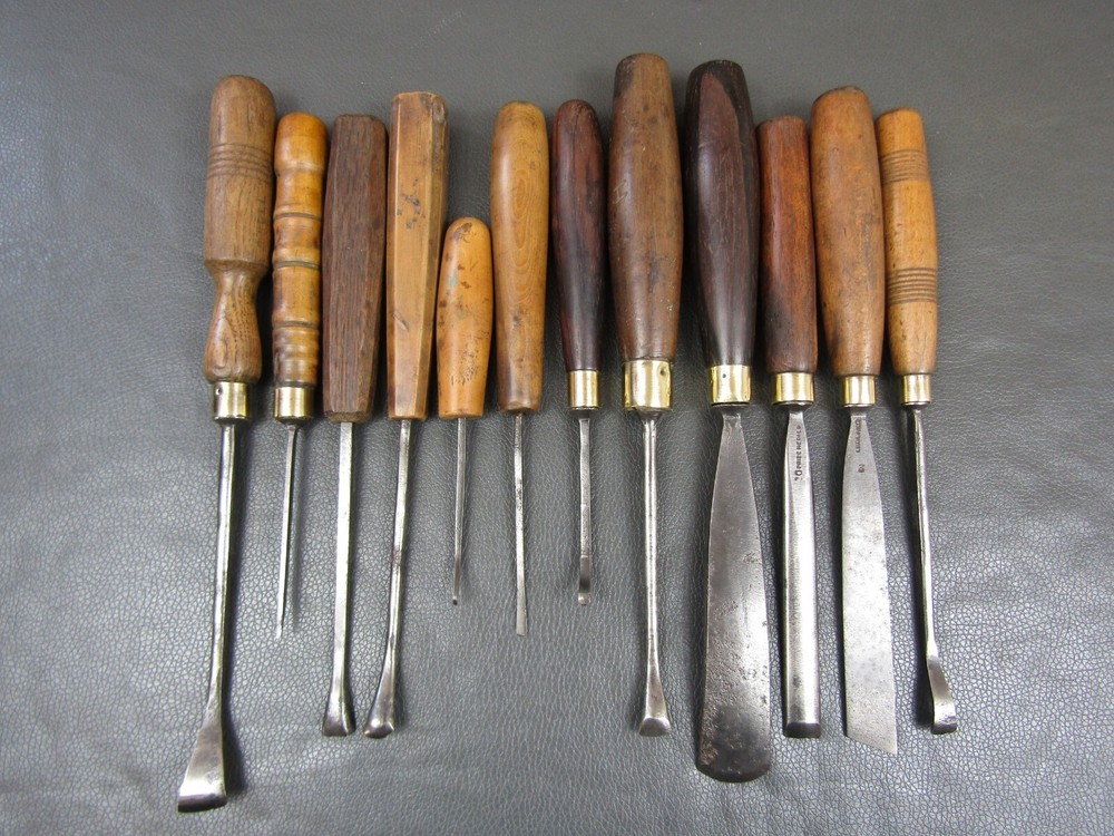Vintage set of 12 carving gouges chisels old tools by Addis Herring Etc