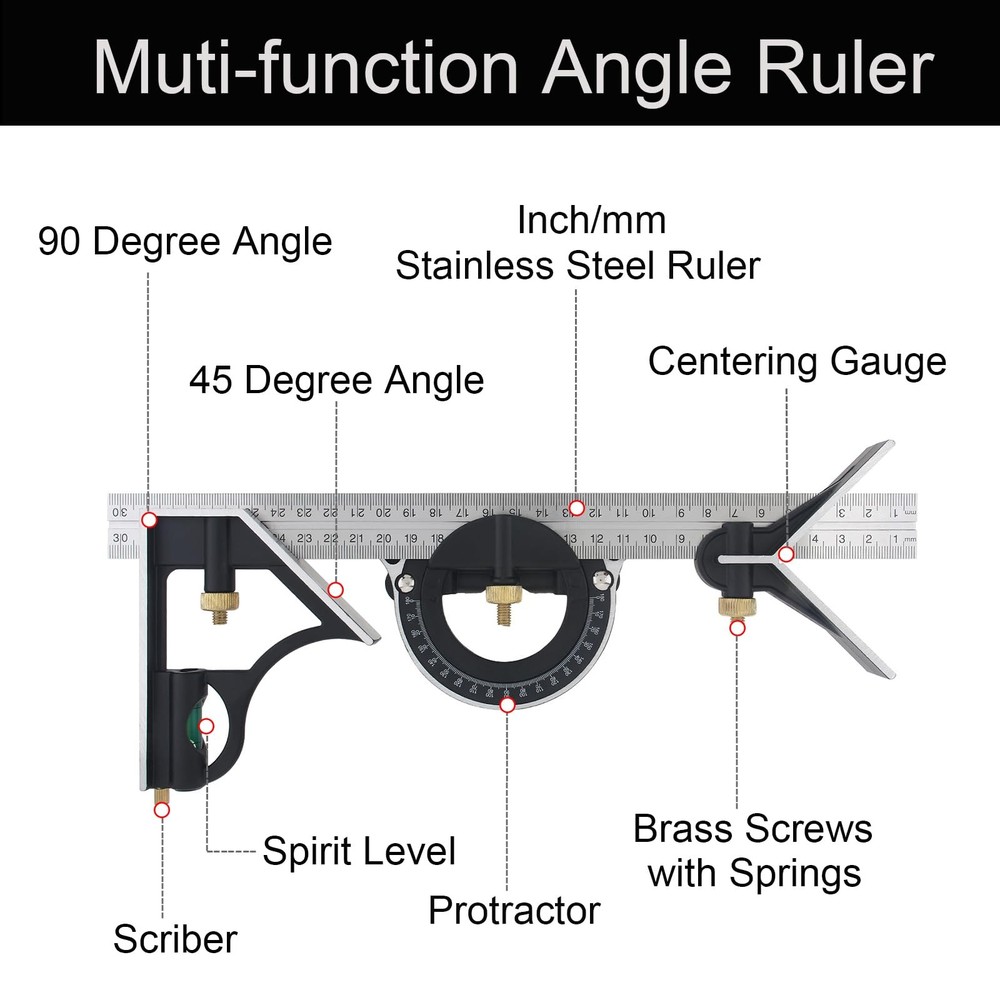 12" Adjustable Sliding Combination Square Ruler & Protractor Level Measure Me...
