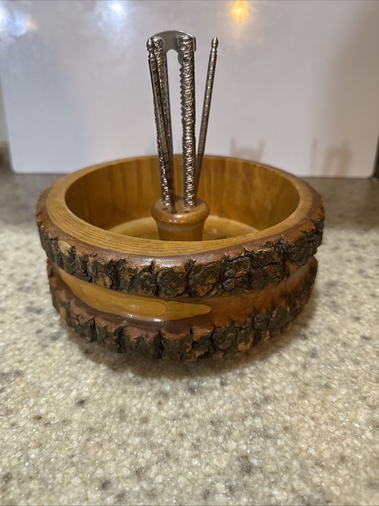 Vintage Rustic Ware Nut Cracker Bowl, Tree Bark, With 3 Picks And Nut Cracker