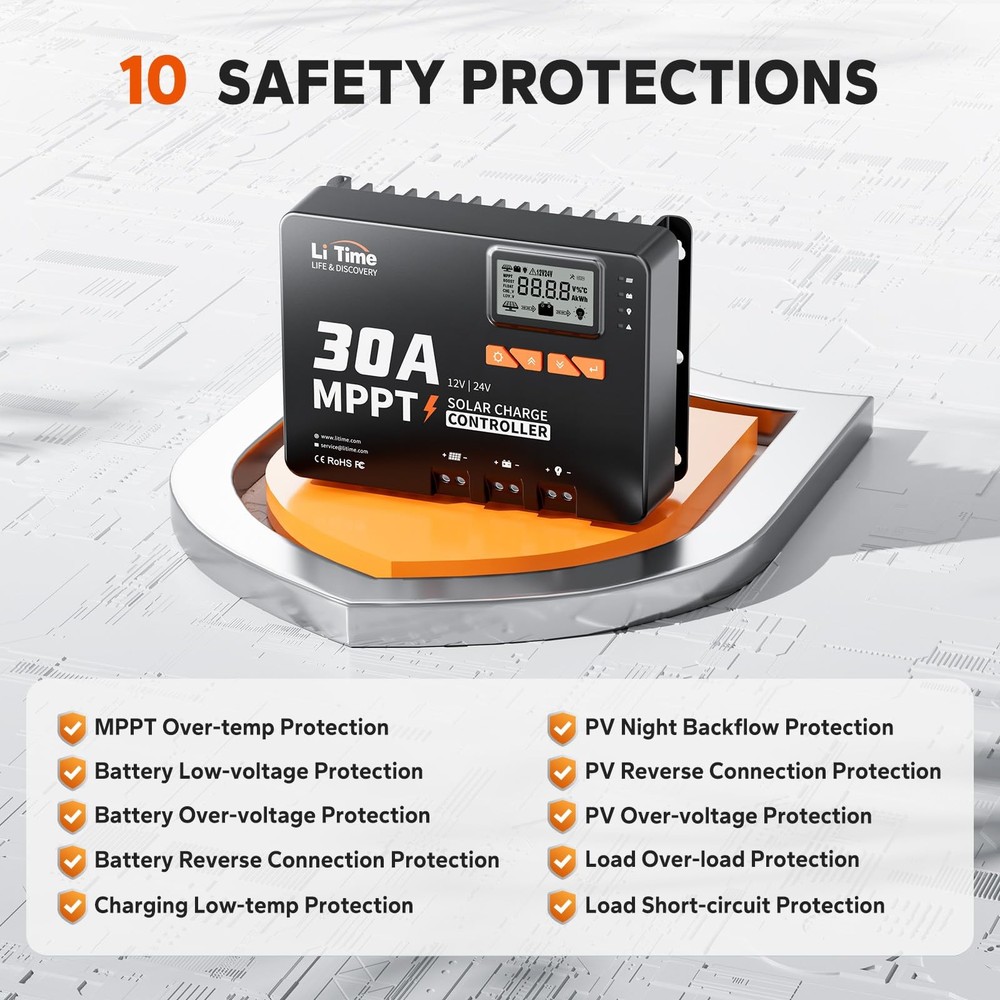 LiTime 30A MPPT Solar Charge Controller 12V/24V Auto Bluetooth LCD LED Indicator