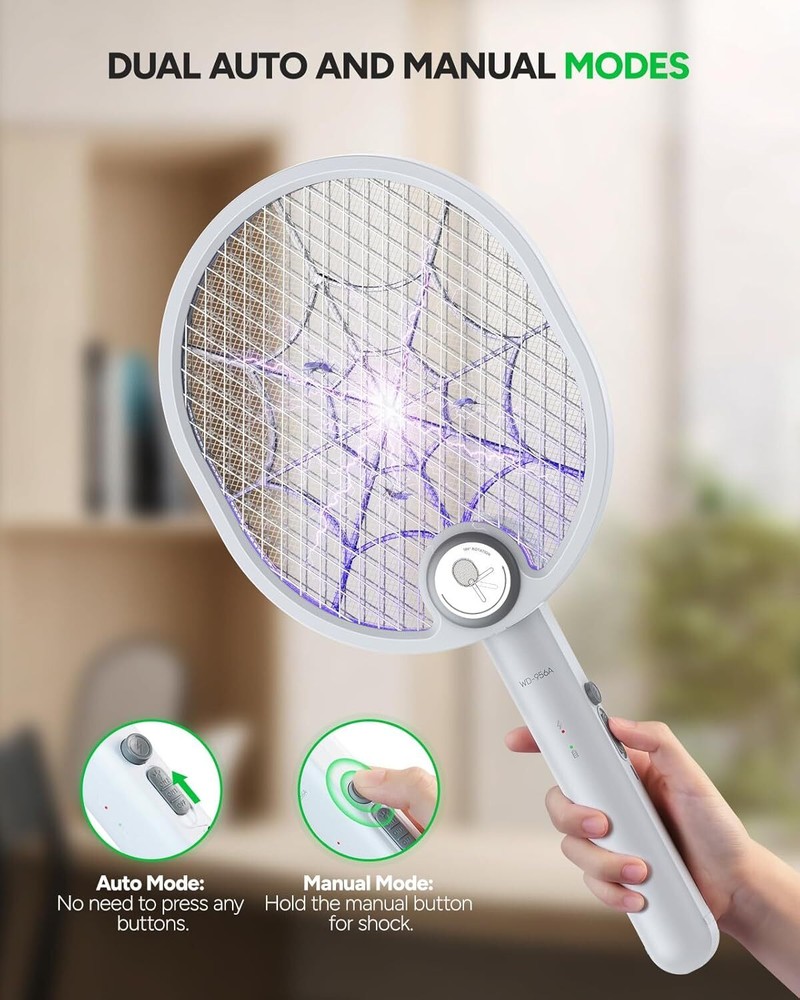 Buzbug Electric Fly Swatter,Rechargeable,Foldable, Dual Handheld Auto Zap Mode