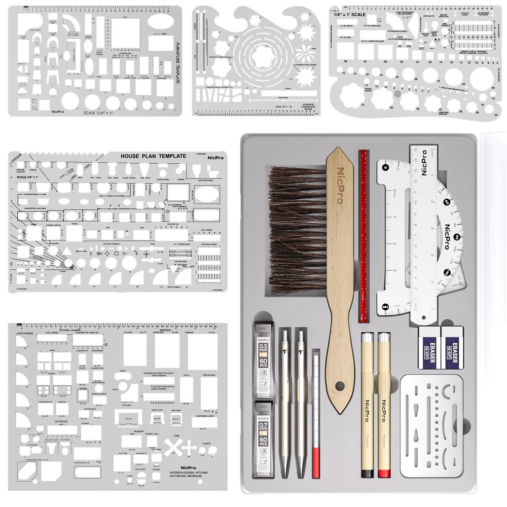 Nicpro 21PCS Professional Drafting Tools & Geometry Set with 21 PCS, Silverr