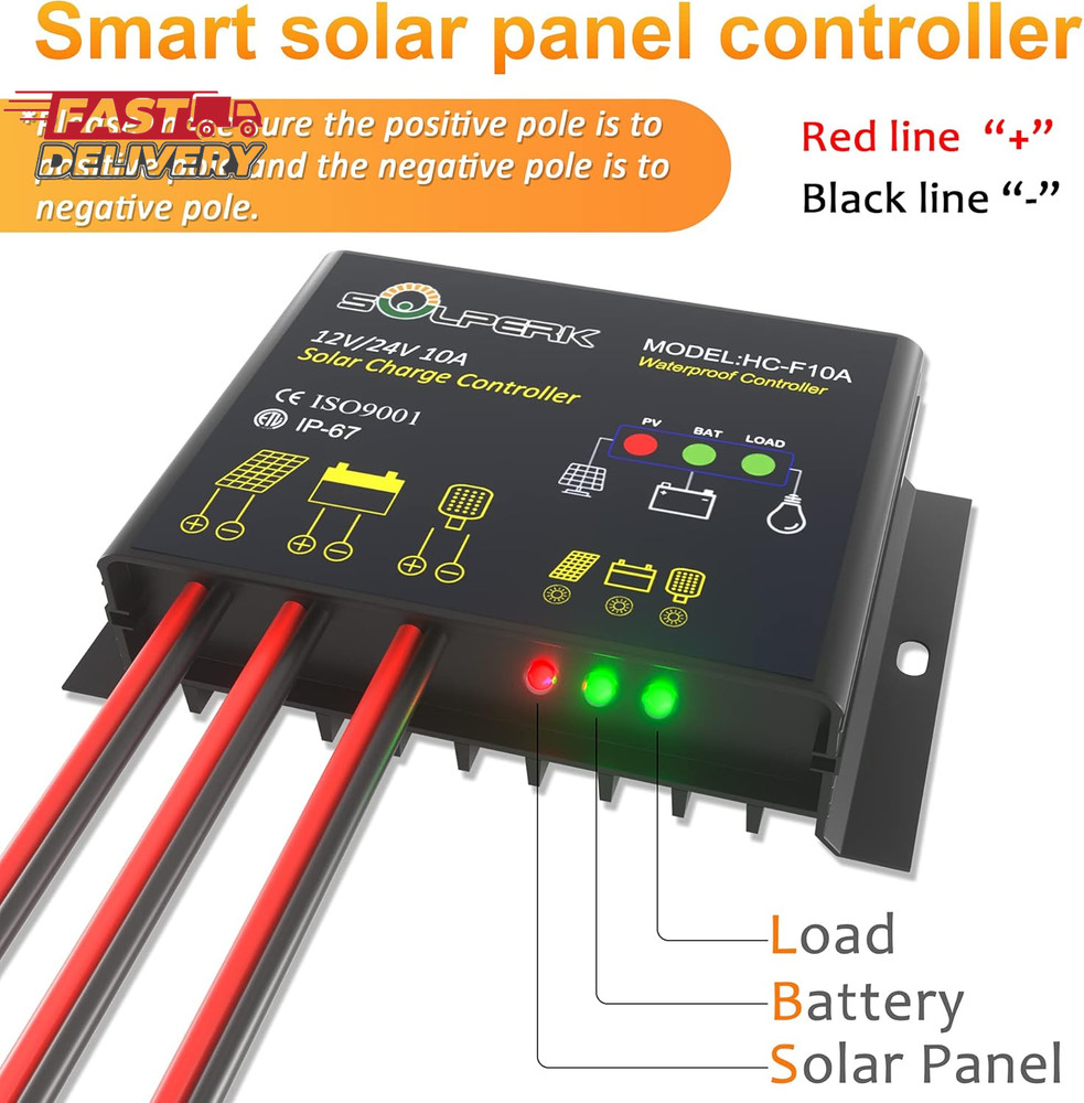 SOLPERK 10A Solar Charge Controller Waterproof Solar Panel Controller 12V/24V PW