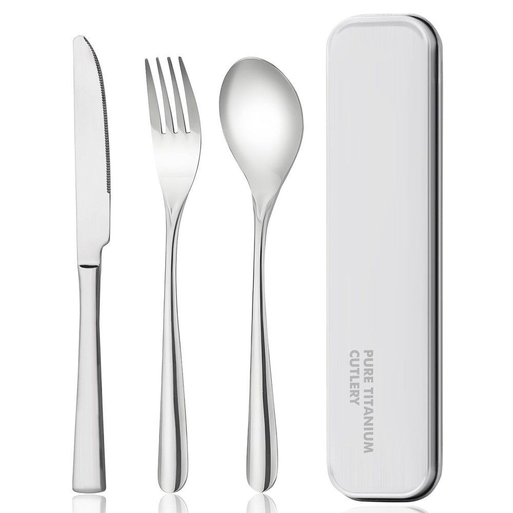 Portable Titanium Tableware Set with Fork, Knife, Spoon, Travel Case for Camping