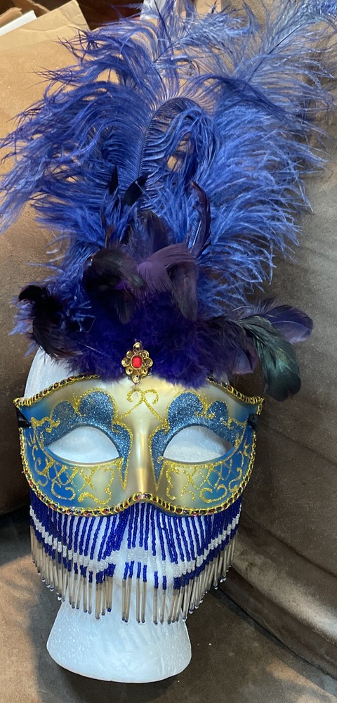 MARDI GRAS MASK FEATHERS & BEADS SHIMMERING COSTUME ACCESSORY