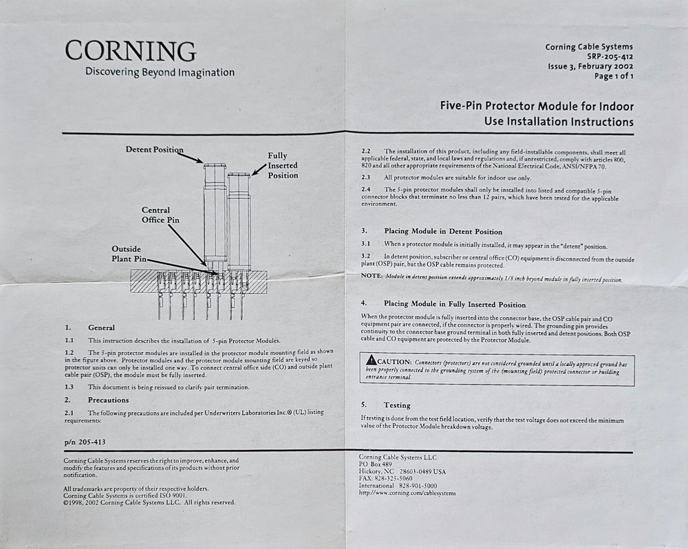 Corning Five-Pin Protector Module SRP-205-413 (100 count box) NEW