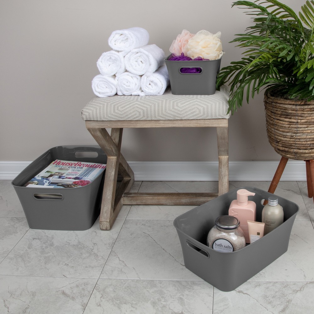 (3 pack) Large Plastic Storage Bin, Gray