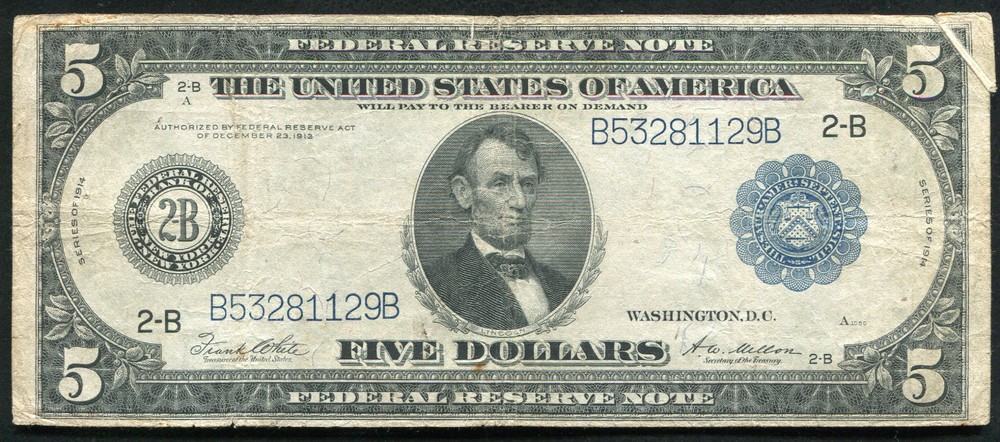 FR. 851a 1914 $5 FIVE DOLLARS FRN FEDERAL RESERVE NOTE “GUTTER FOLD ERROR”