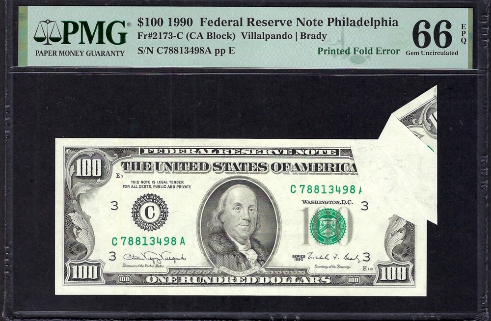 🇺🇸 ERROR  1990 $100 ♚♚PRINTED FOLD ERROR♚♚ PMG GEM UNC 66 EPQ  SCARCE !!!