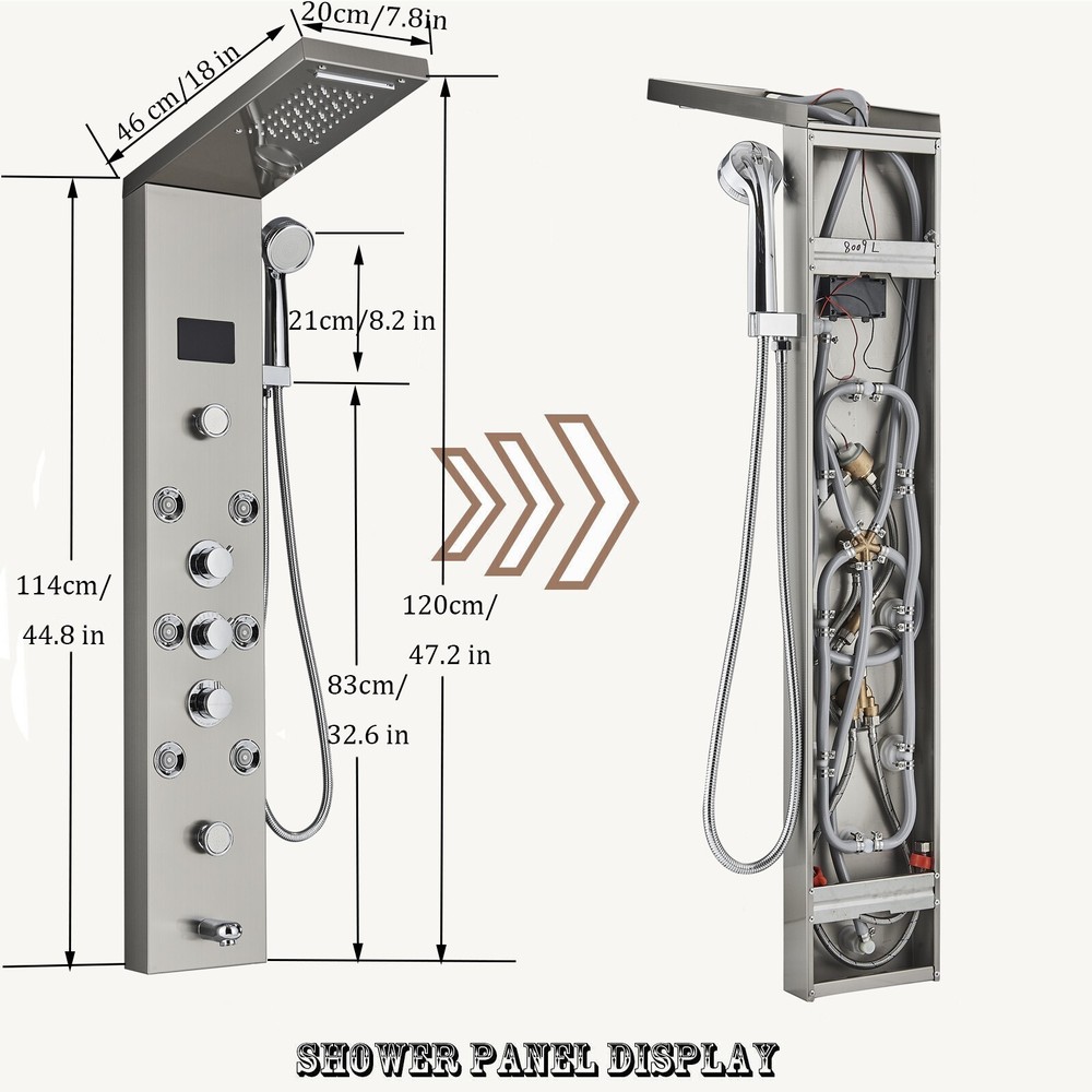 Rain&Waterfall LED Light Shower Panel Tower System Massage Jet Brushed Nickel