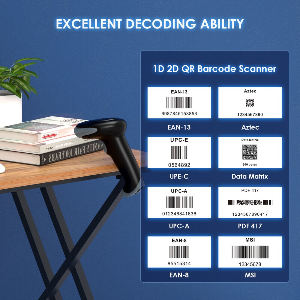 Eyoyo 2D Wireless Barcode Scanner Fast Speed 220 /sec,32Bit CPU Decoding Ability