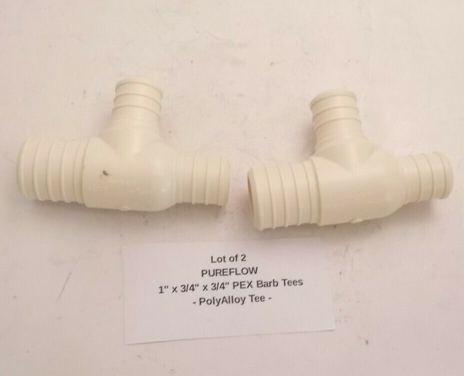 Lot of 2 PUREFLOW 1" x 3/4" x 3/4" PEX Barb Tee Fittings - PolyAlloy Tee (43544)