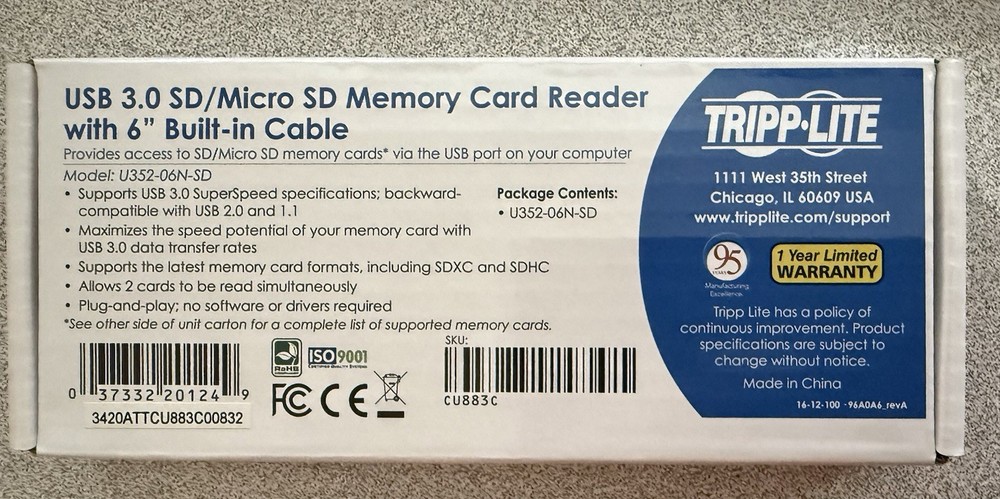Tripp Lite USB 3.0 SD/Micro SD Card Reader with 6" Cable