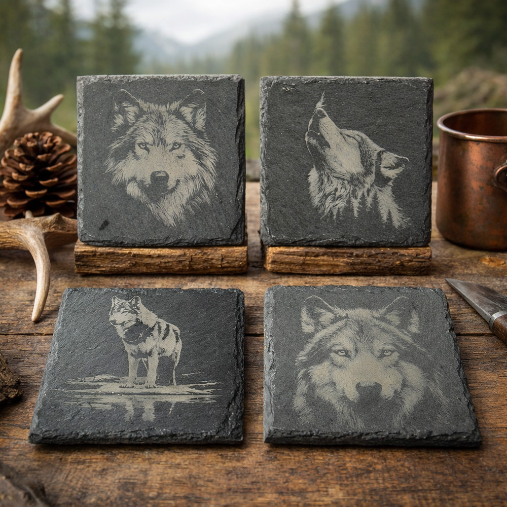 Wolf Slate Coasters – Laser Engraved Rustic Wildlife Drinkware