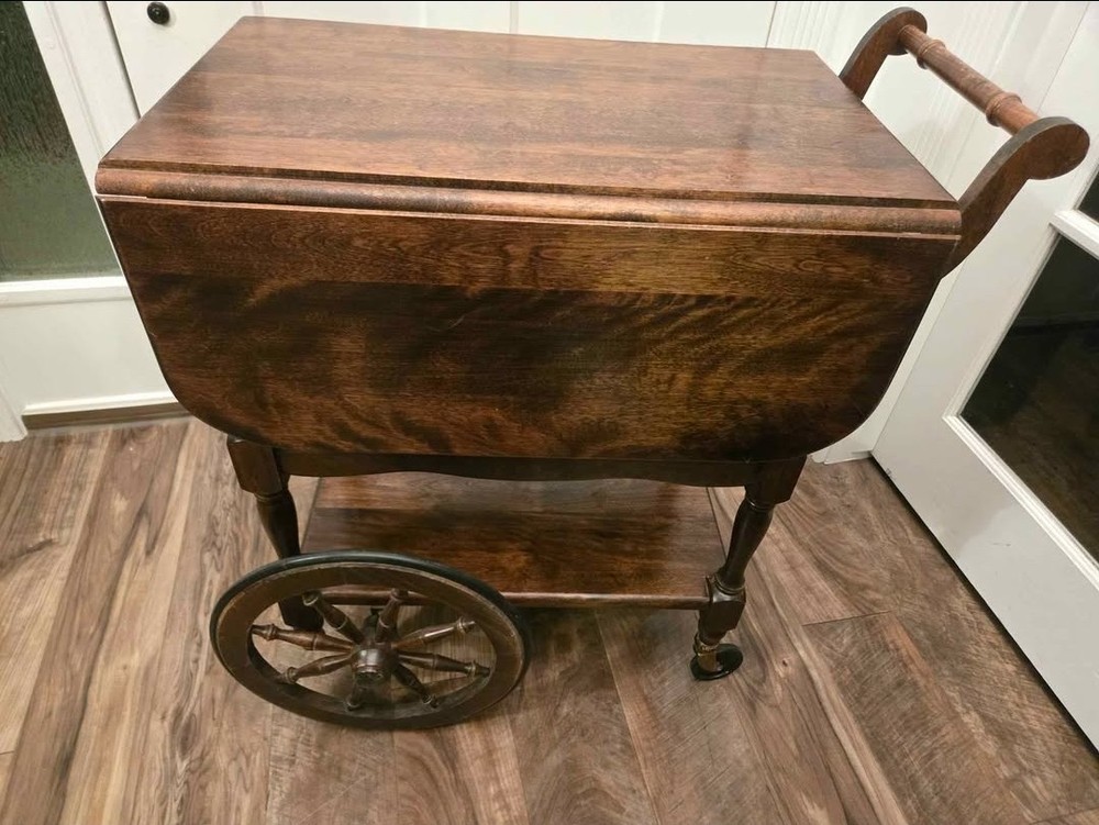 Antique solid oak bar cart with removable tray
