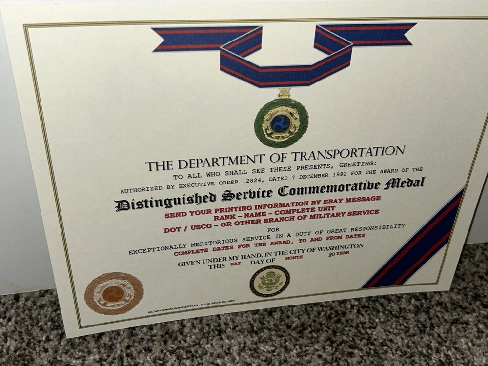 D.O.T. DISTINGUISHED SERVICE MEDAL COMMEMORATIVE CERTIFICATE ~ TYPE-2 w/PRINTING