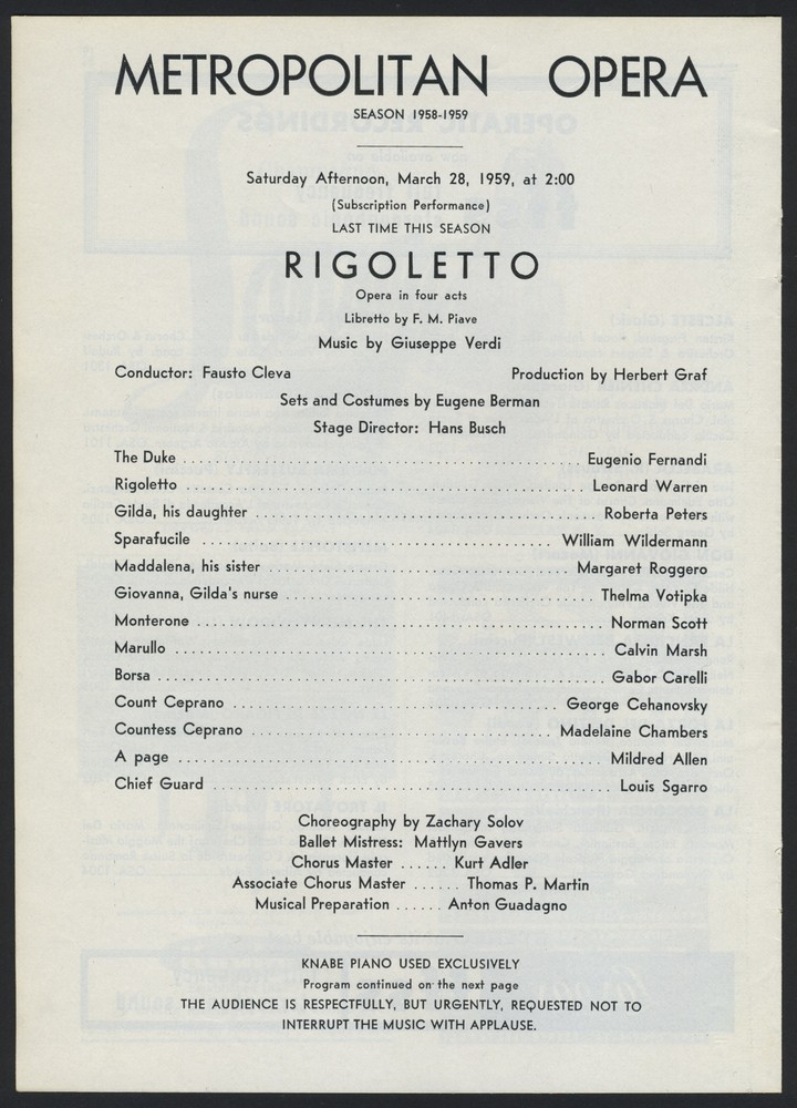 Leonard WARREN (Opera): Signed Photograph in "Rigoletto" with Original Program