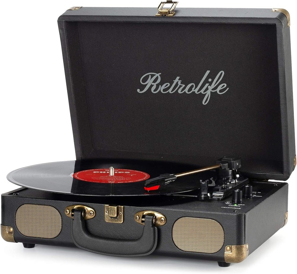 Vinyl Record Player 3-Speed Bluetooth Suitcase Portable Belt-Driven Record Pl...