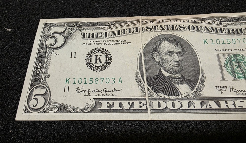 1963 A $5 Error Gutter Fold Federal Reserve Note.