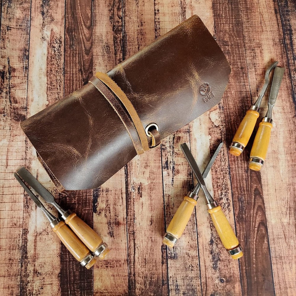 12 Pocket Leather Tool Roll for Mechanics - Compact & Durable Tool Storage.