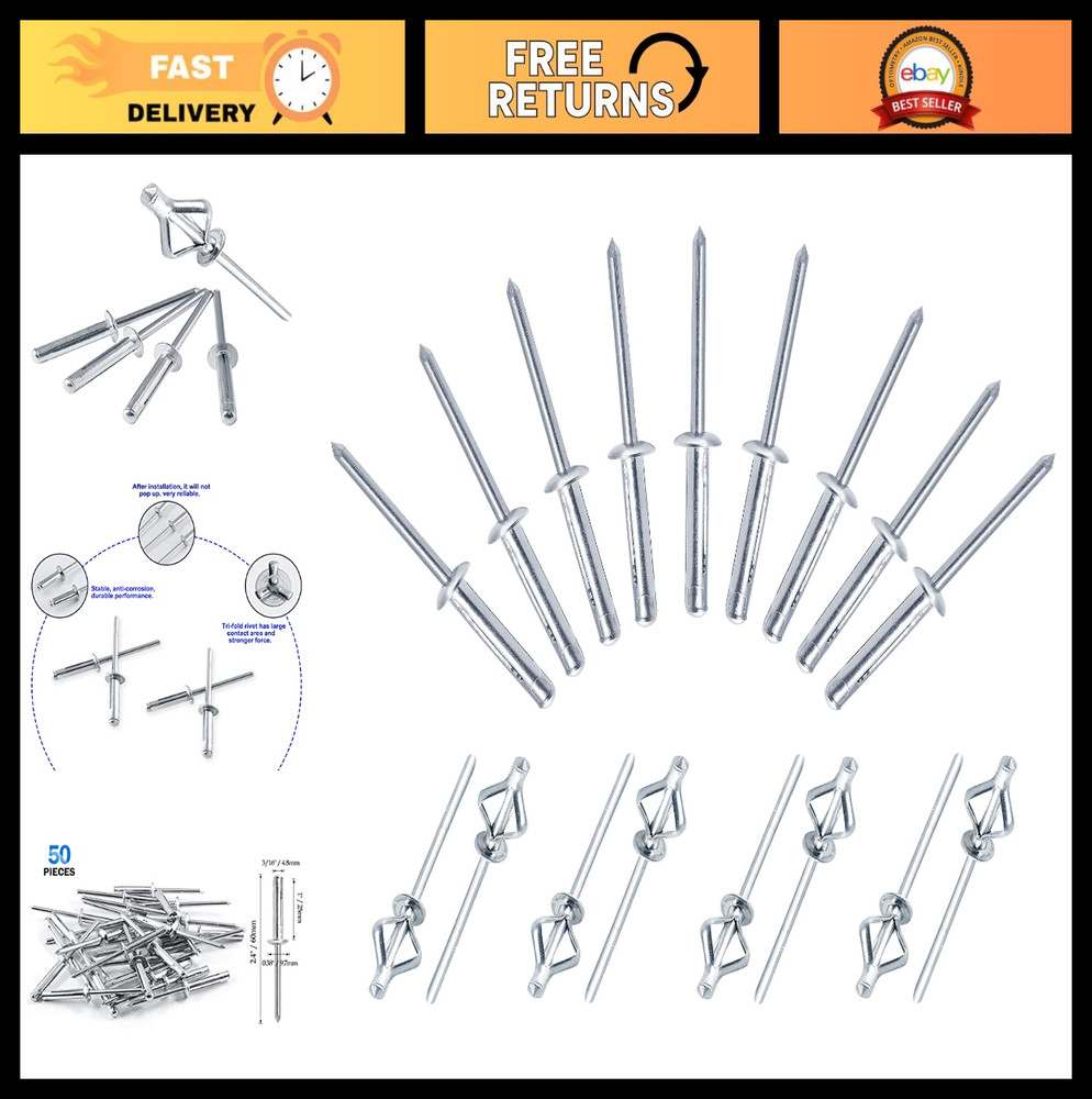 Trifold Exploding Pop Rivets 3/16" x 1" - Solid Aluminum Bulb Style Large Flange