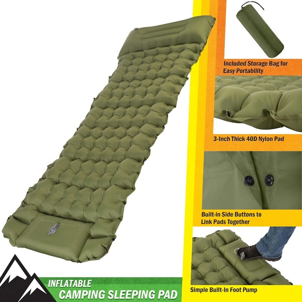 Outdoors Inflatable Sleeping Pad with Built-in Foot Pump, Olive
