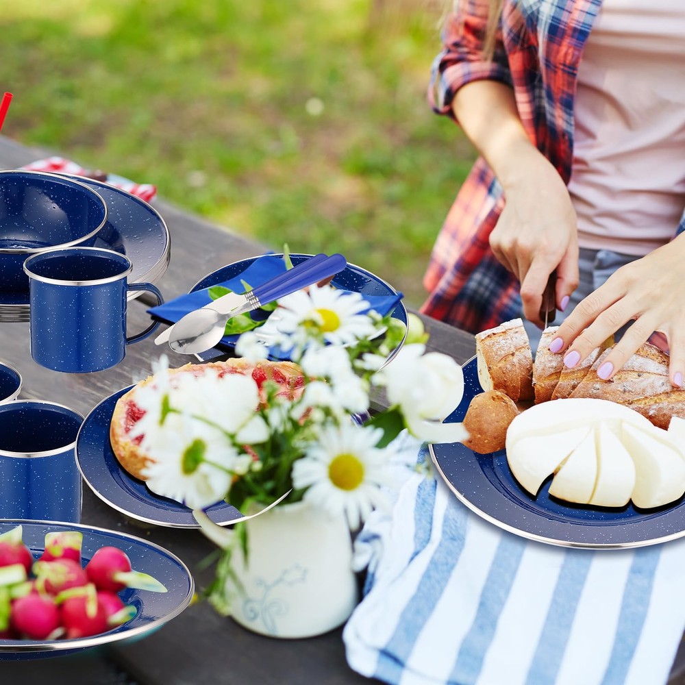 12 Pcs Enamel Camping Tableware Set Dinnerware Kit Includes 12 oz Coffee Mugs...