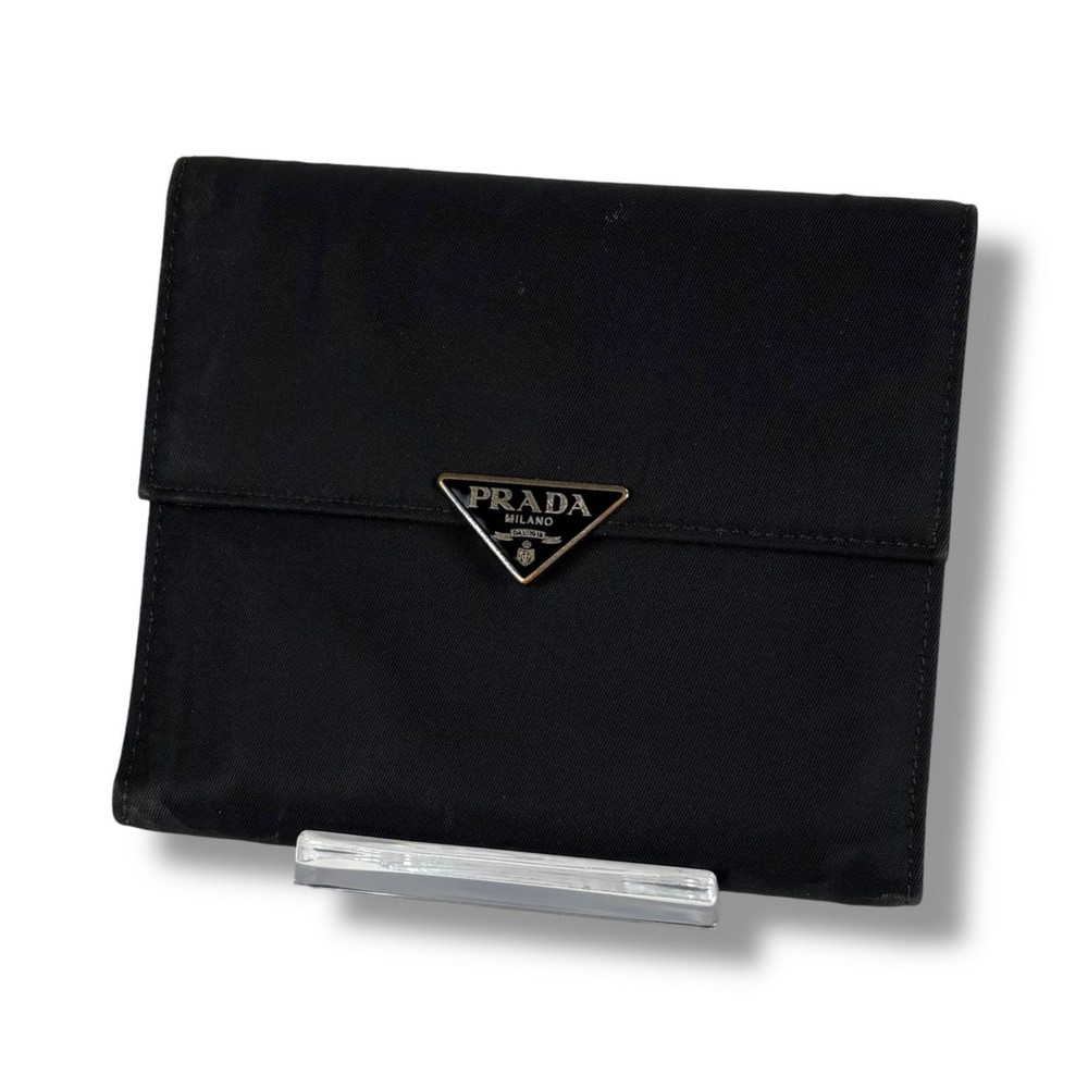 PRADA Triangle Logo Tri-Fold Wallet Compact Wallet Black Tessuto Nylon