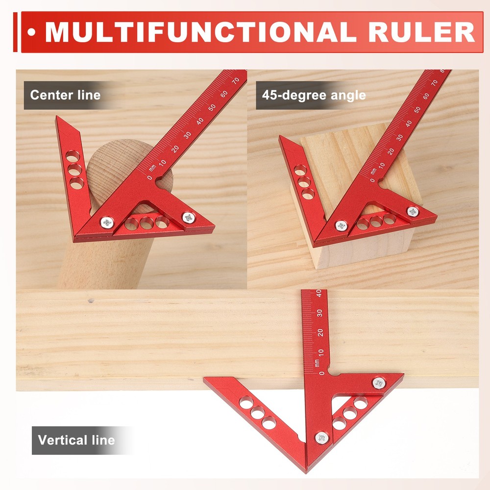 Metric 3D Measuring Ruler Woodworking Square Protractor, Red