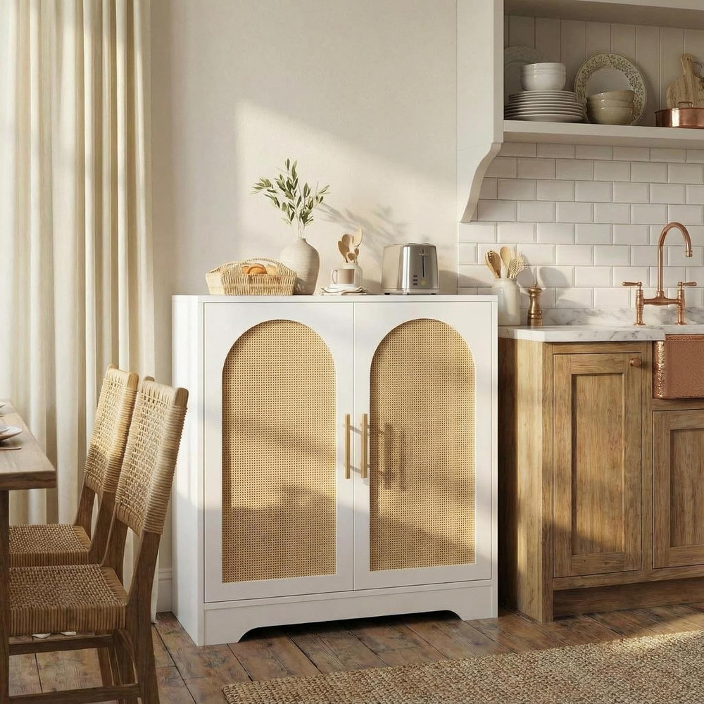 30" White Sideboard Buffet Cabinet with Rattan Doors & Large Storage Console