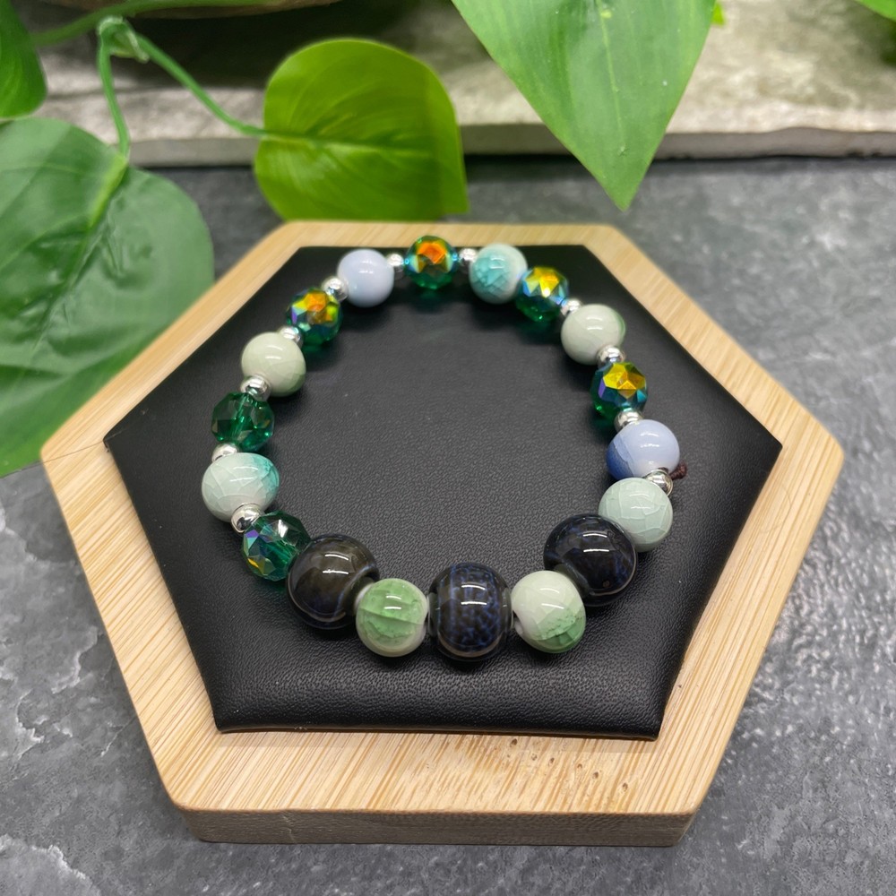 Handmade Ceramic Bead Beaded Stackable 6.25” Plus Stretch Bracelet New B497
