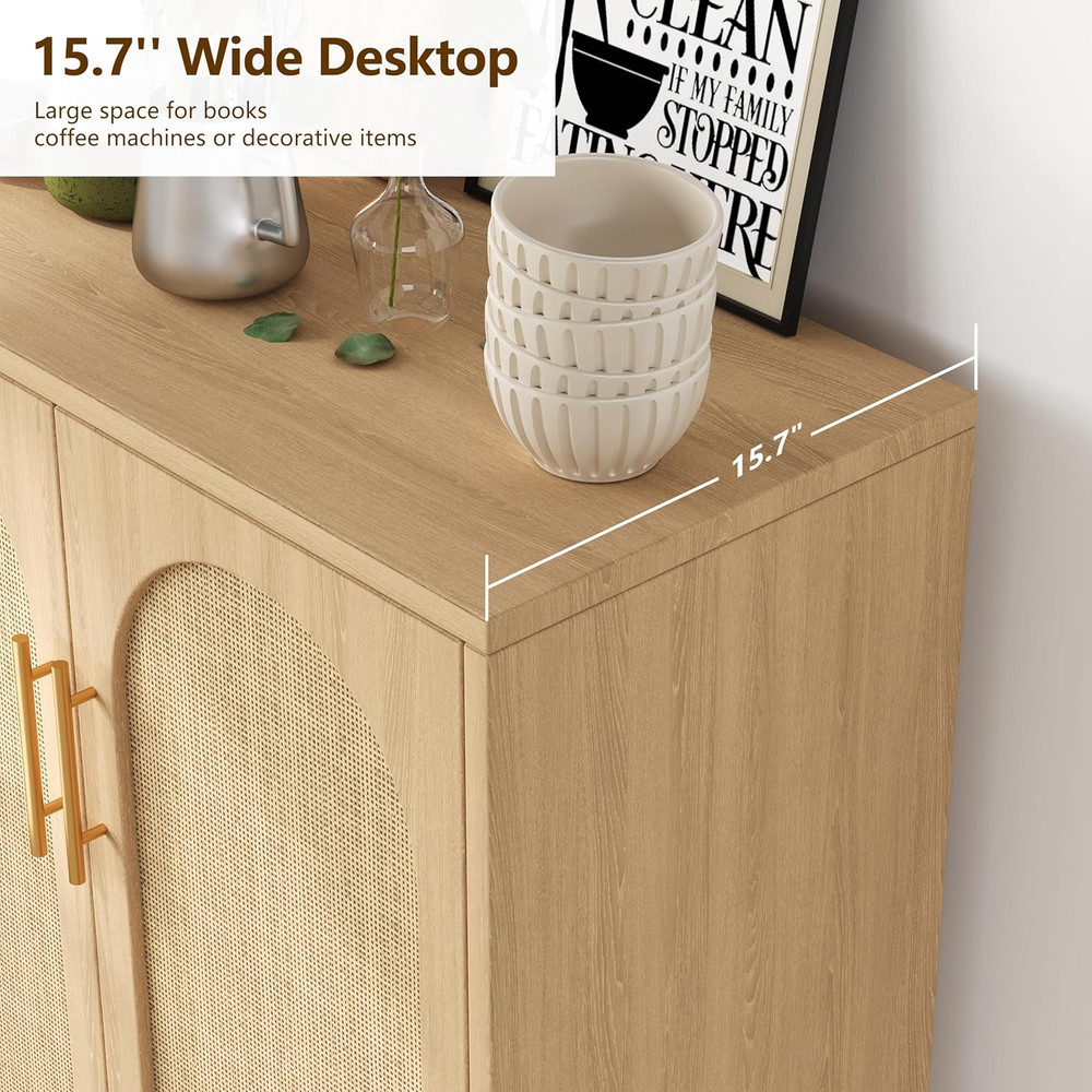 Keehusux Rattan Buffet Cabinet with Storage, Boho Buffet Table with Adjustable S
