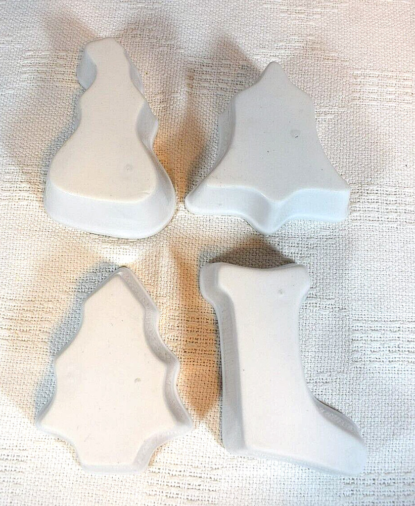 White Holiday Themed Ceramic Dishes- Bell, Tree, Stocking, Snowman (4)